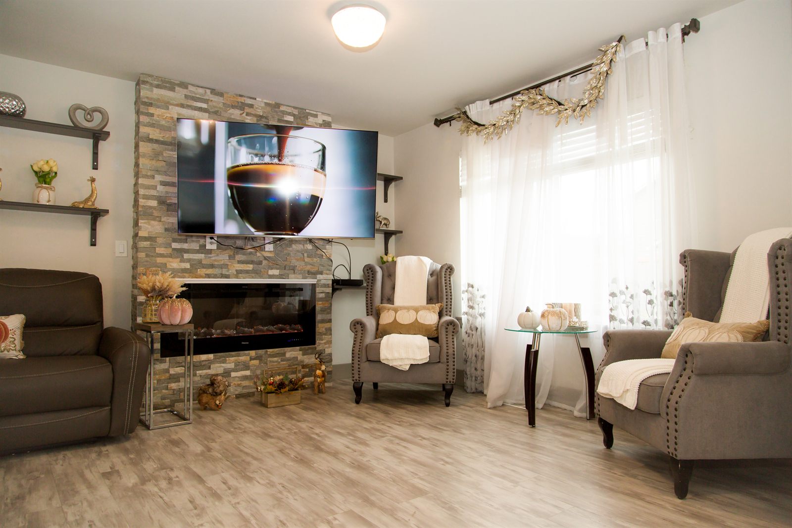 Living room fireplace with comfortable seating on either side