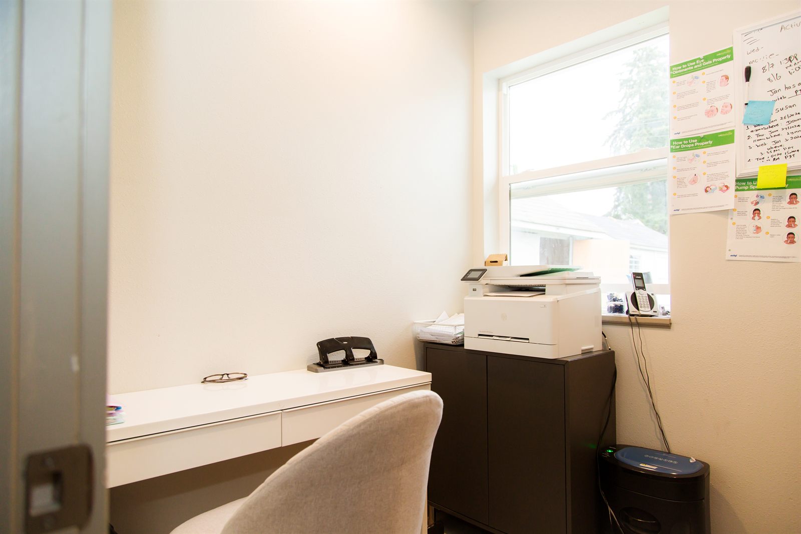 Small office where care records and schedules are kept
