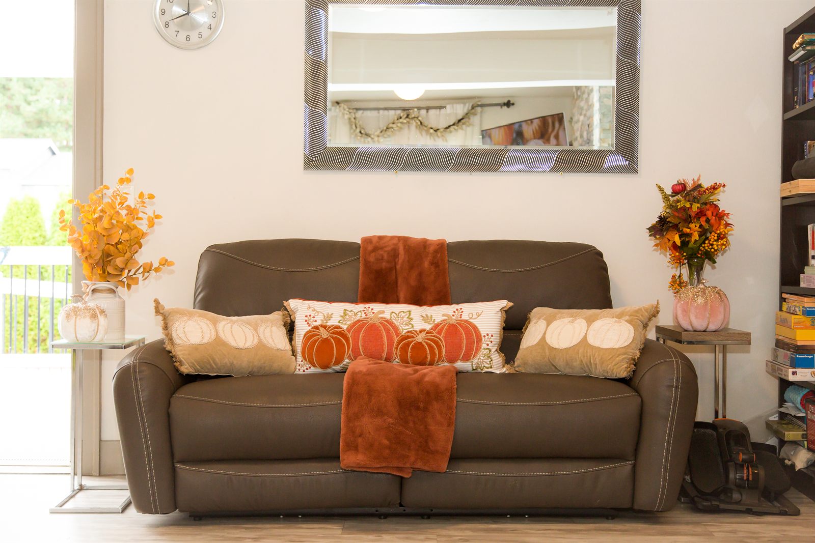 Quiet sitting nook with a sofa and seasonal decorations